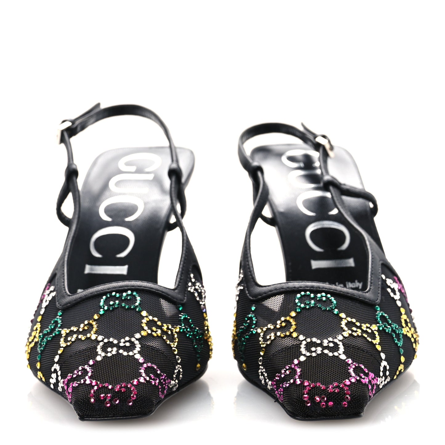 Tela Retino Nappa Charlotte Crystal GG Monogram Square G 75mm Slingback Pumps 37 Black