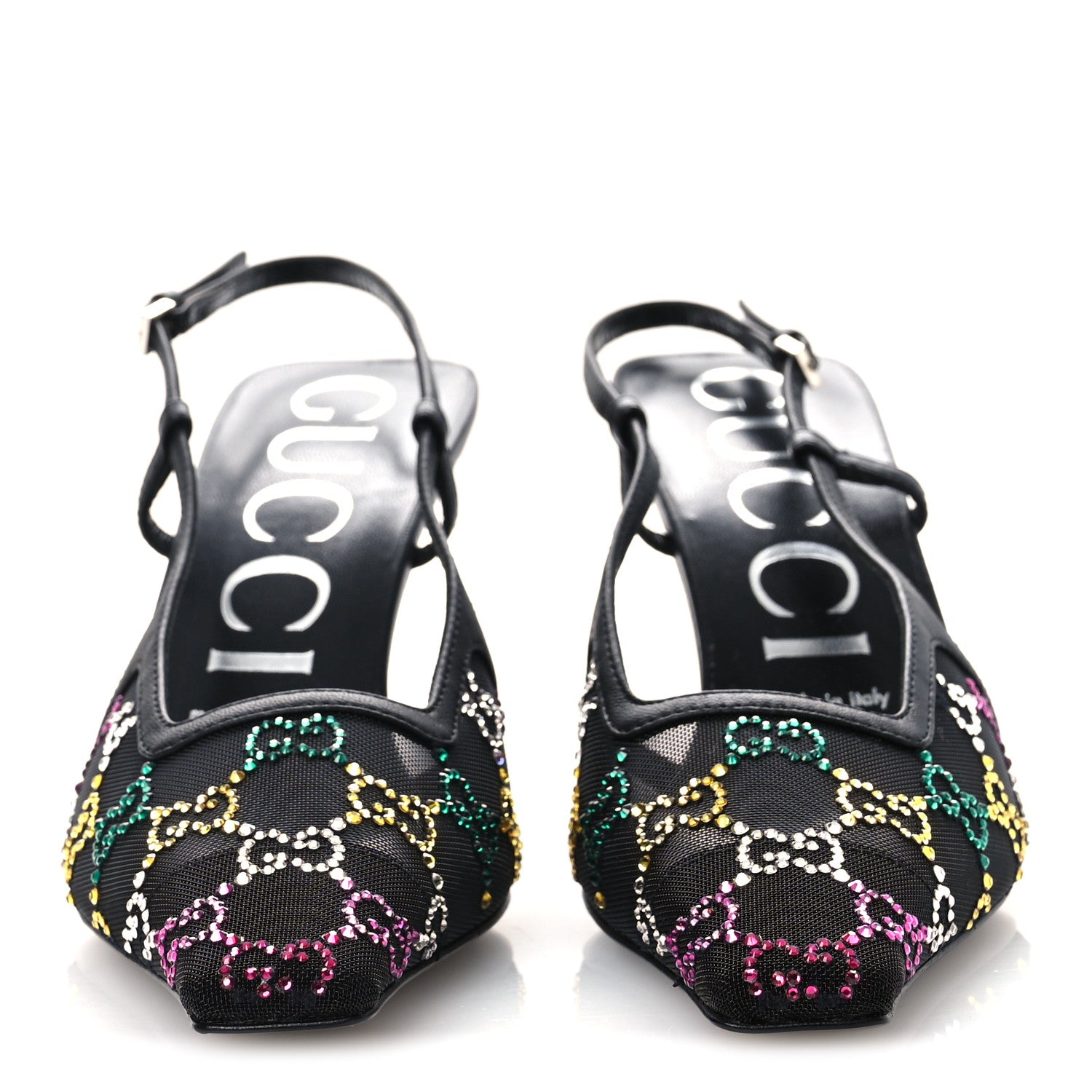 Gucci Tela Retino Nappa Charlotte Crystal GG Monogram Square G 75mm Slingback Pumps 37 Black 3 of 12
