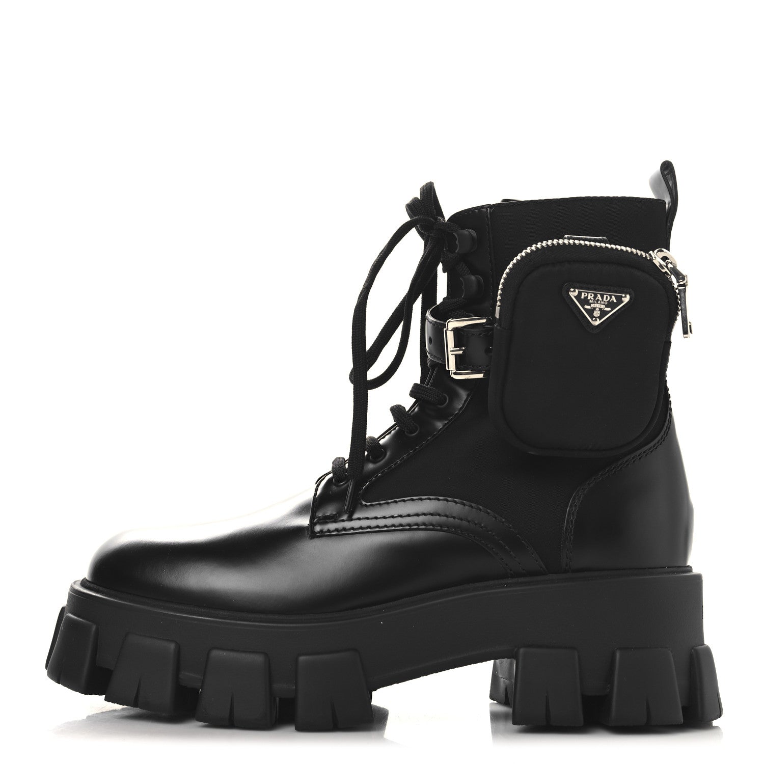 Prada Spazzolato Rois Re-Nylon Metal Triangle Logo Monolith Pouch Pocket 55mm Boots 39.5 Black 1 of 9