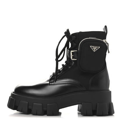 Prada Spazzolato Rois Re-Nylon Metal Triangle Logo Monolith Pouch Pocket 55mm Boots 39.5 Black 1 of 9