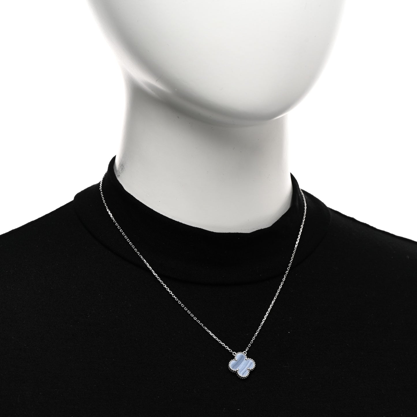 18K White Gold Chalcedony Vintage Alhambra Pendant Necklace