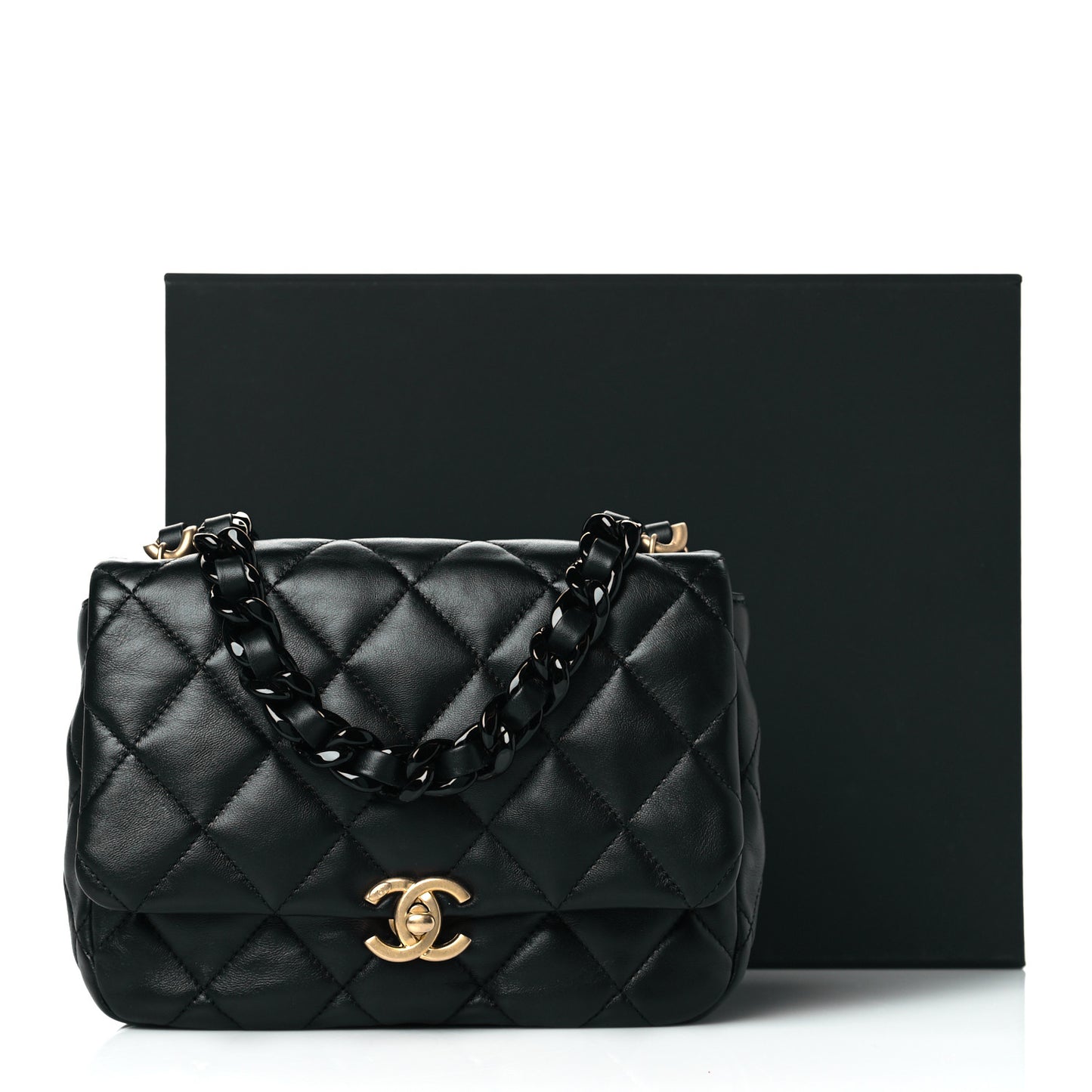 Lambskin Quilted Small Lacquered Chain Flap Black