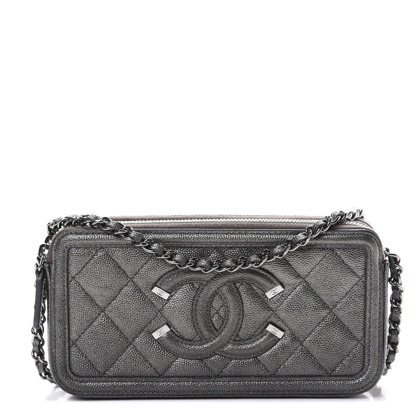 Metallic Caviar Quilted CC Filigree Clutch With Chain Dark Silver