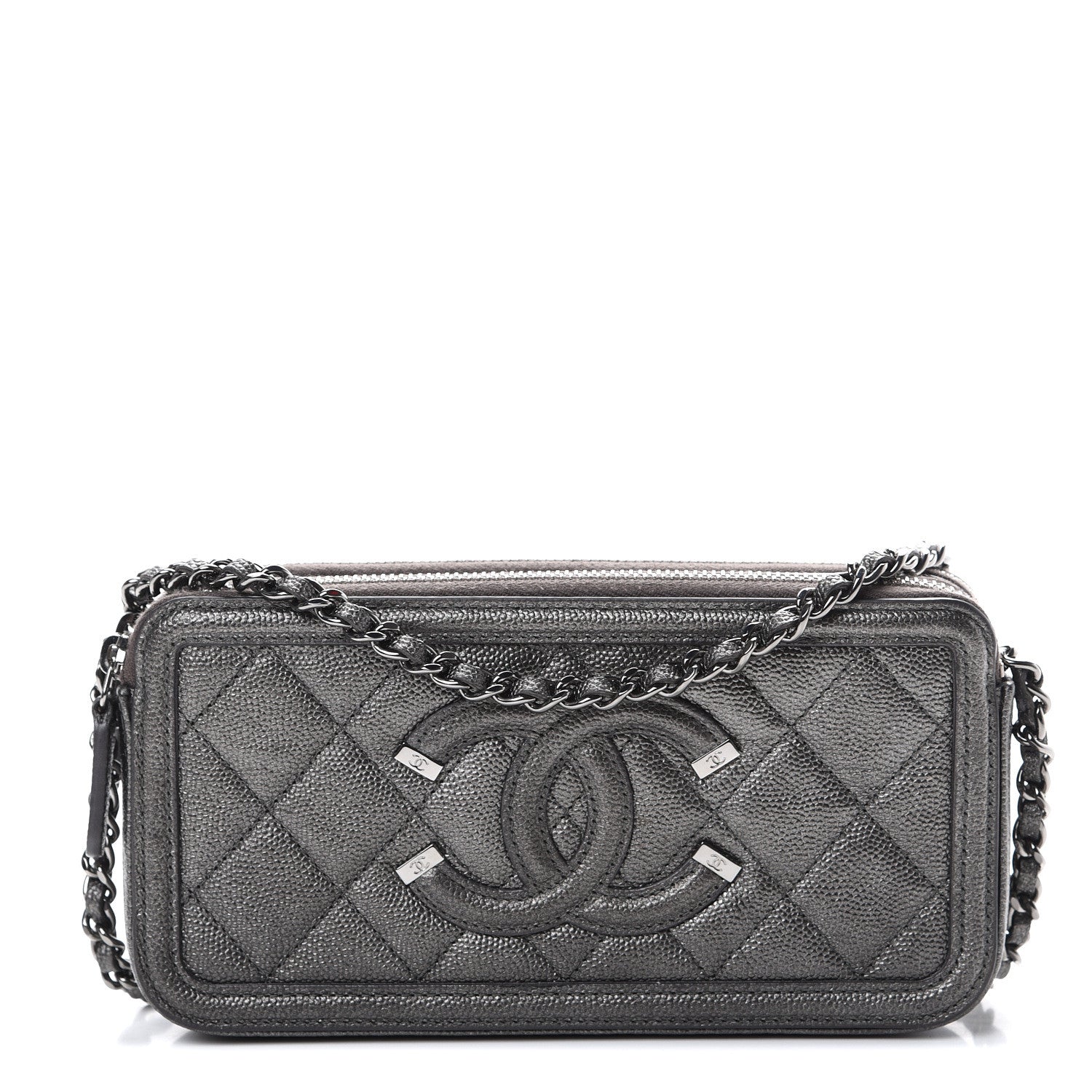 Chanel Metallic Caviar Quilted CC Filigree Clutch With Chain Dark Silver 1 of 13