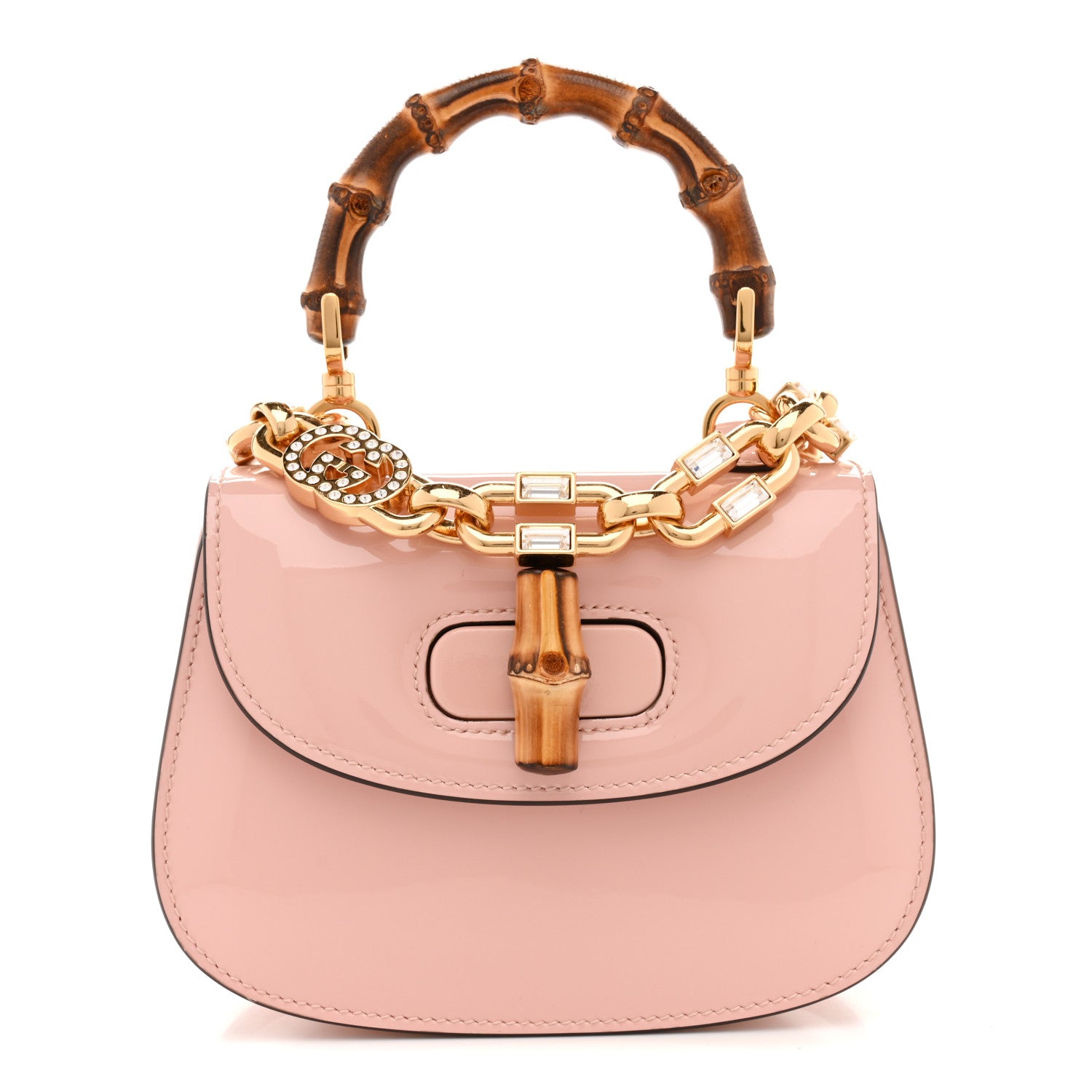 Gucci Patent Crystal Mini Bamboo 1947 Top Handle Chain Bag Powder Pink 1 of 13