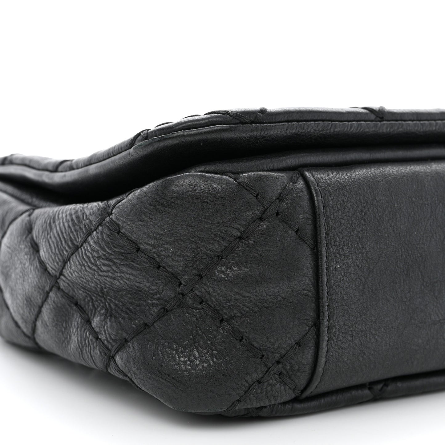 Calfskin Quilted Double Stitch Flap Black