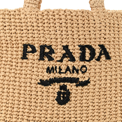 Prada Yarn Raffia Effect Crochet Embroidered Small Logo Tote Naturale 8 of 10