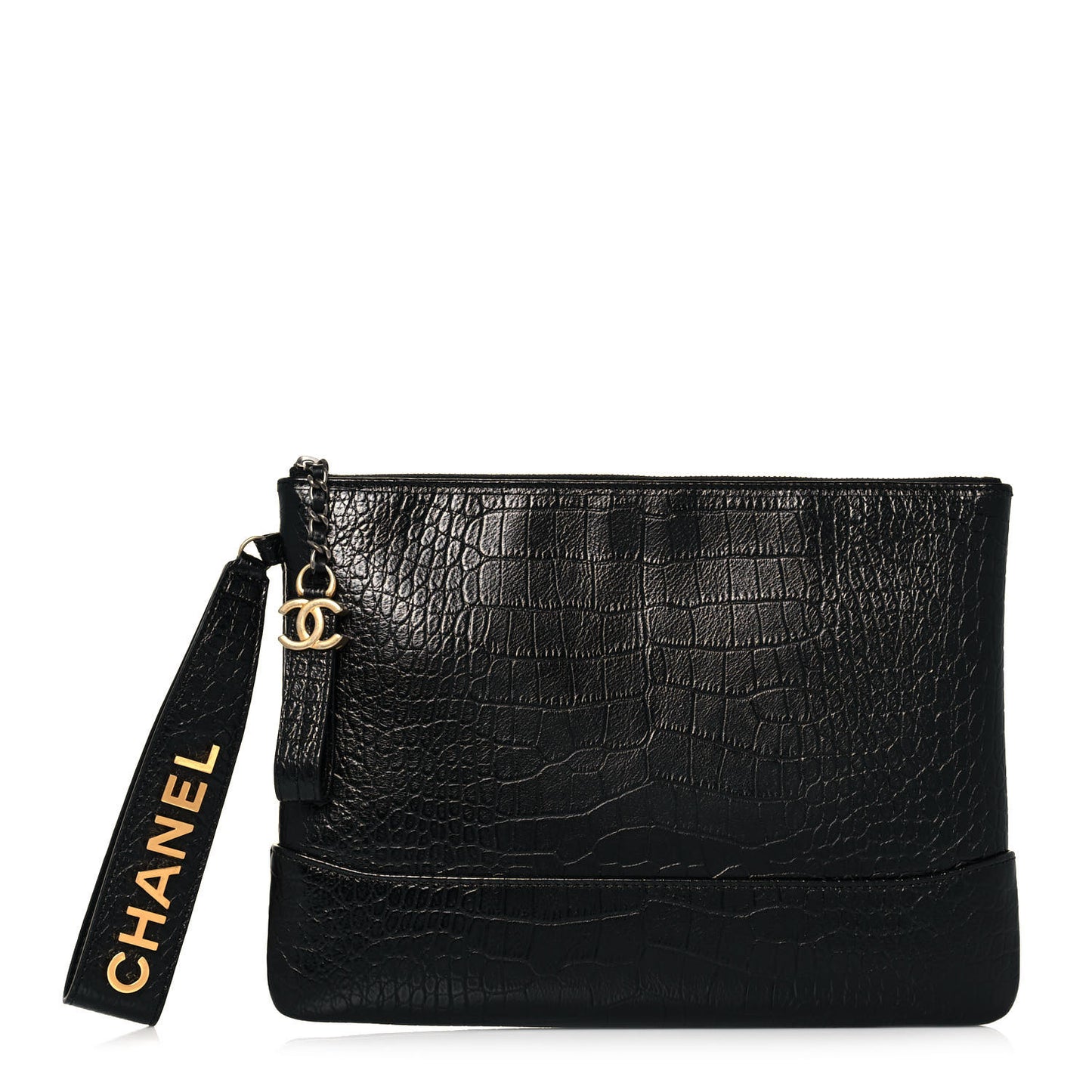 Calfskin Crocodile Embossed Quilted Medium Gabrielle Cosmetic Case Black