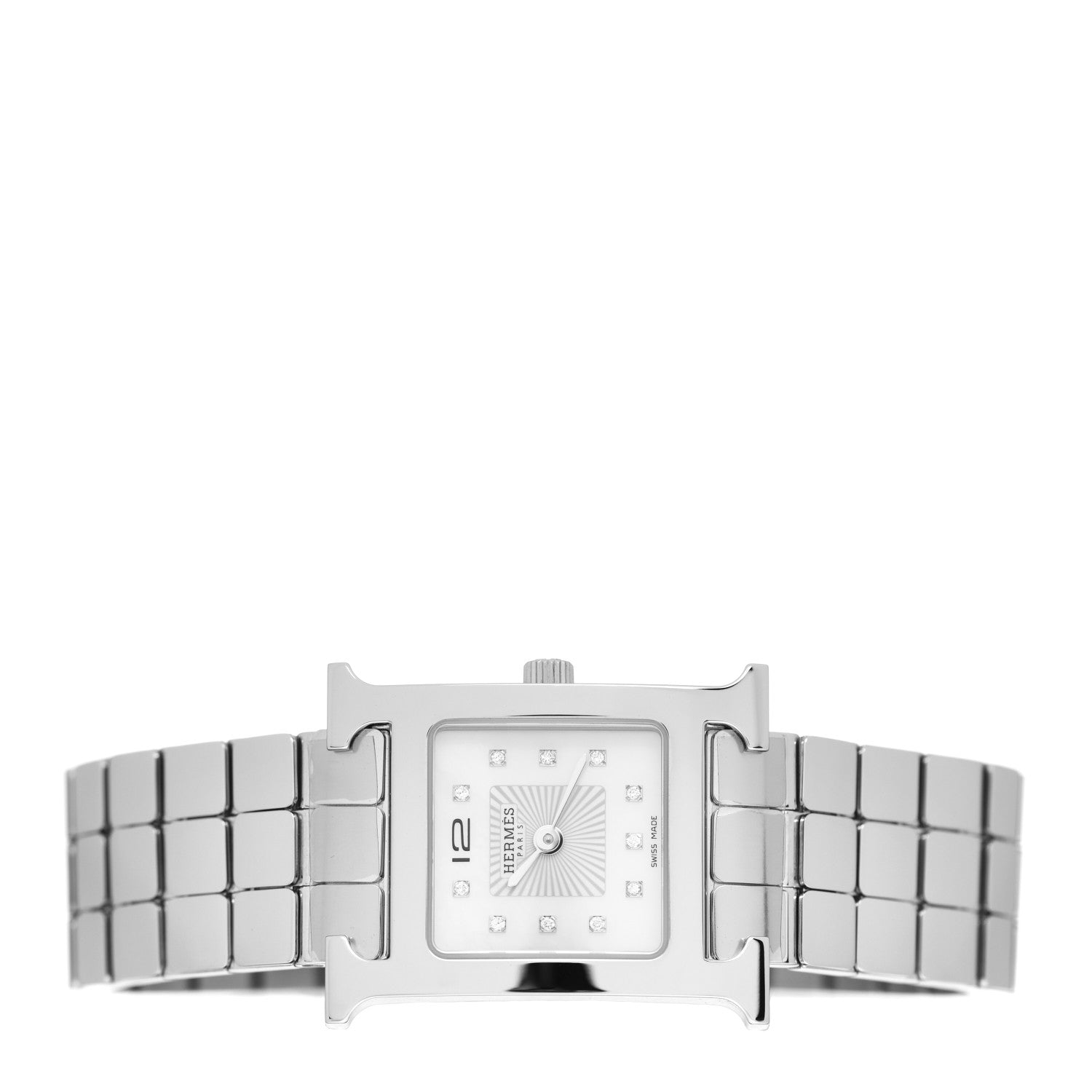 Hermes Stainless Steel Diamond Mother of Pearl 21mm Heure H Hour Quartz Watch 2 of 5