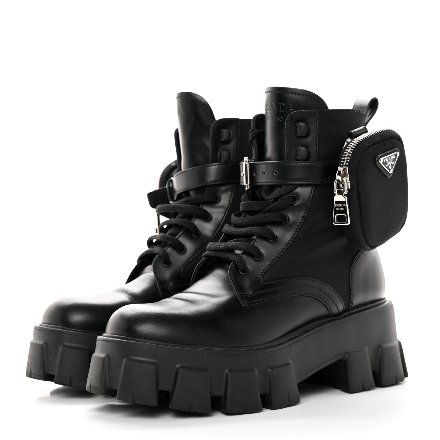 Prada Spazzolato Rois Re-Nylon Metal Triangle Logo Monolith Pouch Pocket 55mm Boots 37 Black 3 of 11