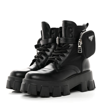 Prada Spazzolato Rois Re-Nylon Metal Triangle Logo Monolith Pouch Pocket 55mm Boots 37 Black 3 of 11