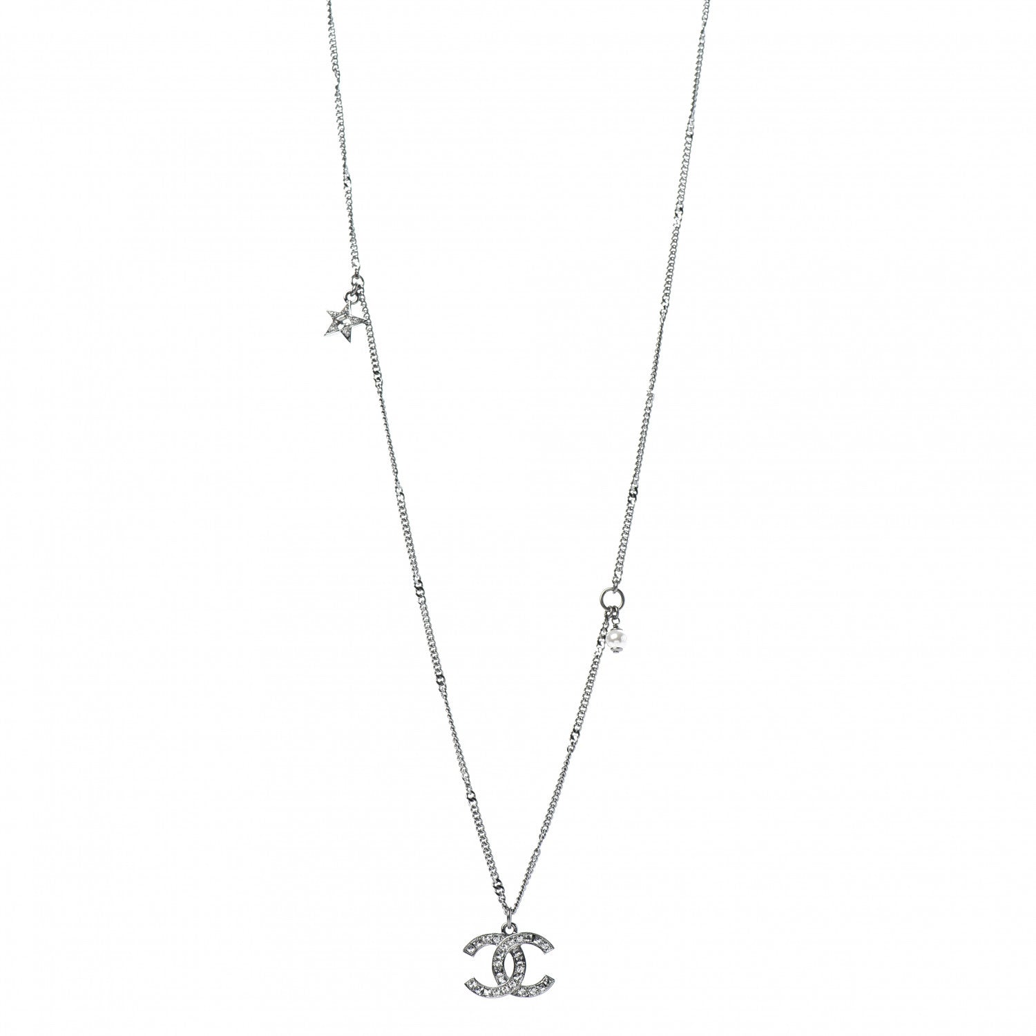 Chanel Crystal Pearl Star CC Necklace Silver 1 of 7