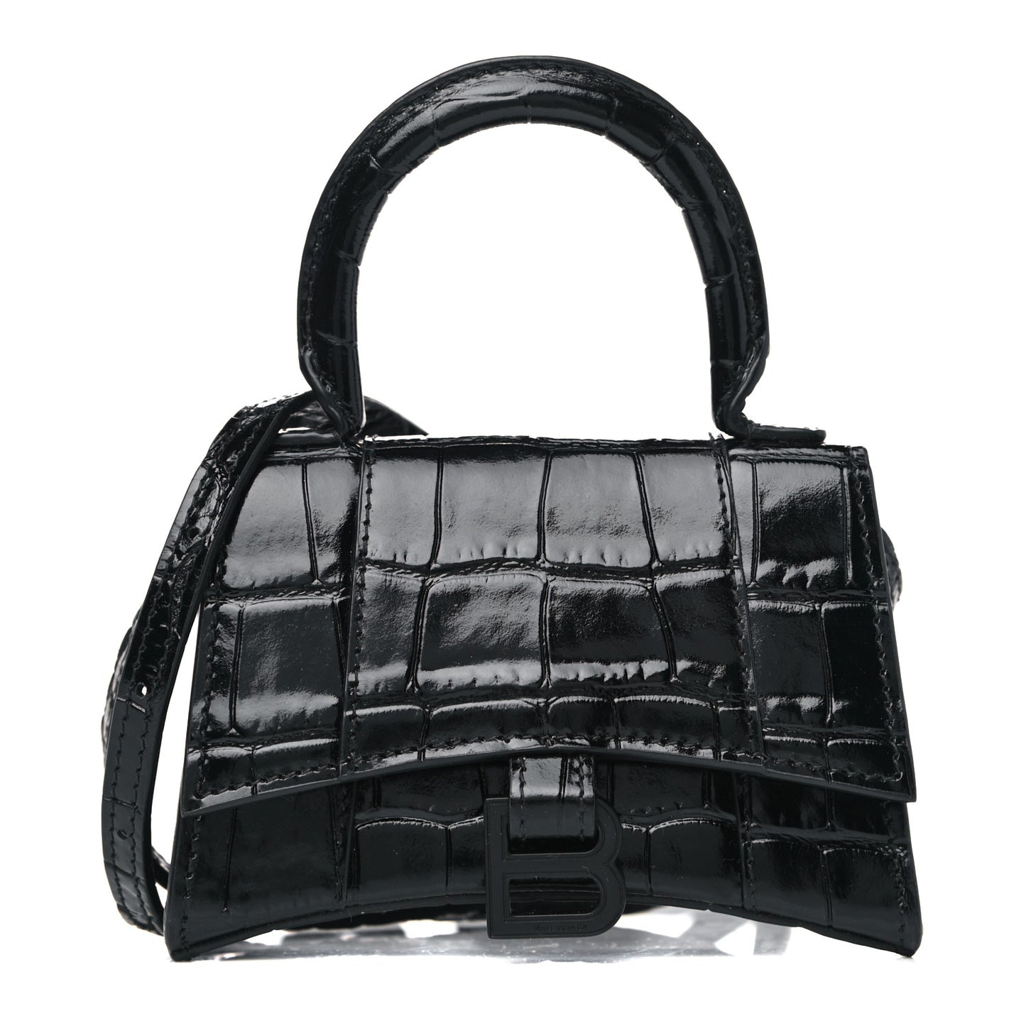 Shiny Calfskin Monochrome Crocodile Embossed Hourglass Top Handle Bag Mini Black