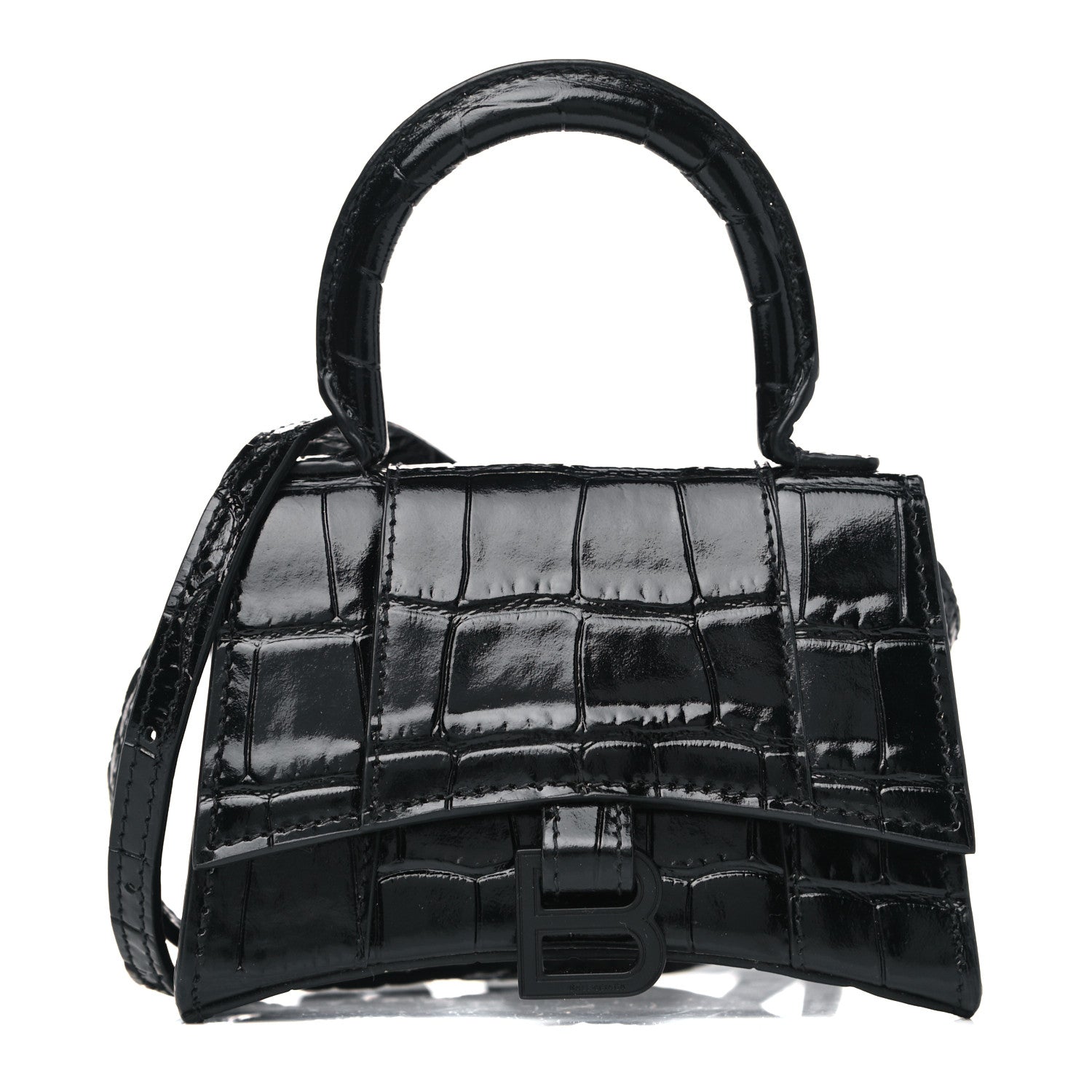 Balenciaga Shiny Calfskin Monochrome Crocodile Embossed Hourglass Top Handle Bag Mini Black 1 of 10