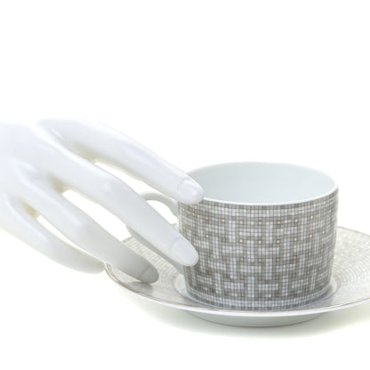 Hermes Porcelain Mosaique Au 24 Platine Tea Cup And Saucer Set Of 2 Platinum 2 of 9