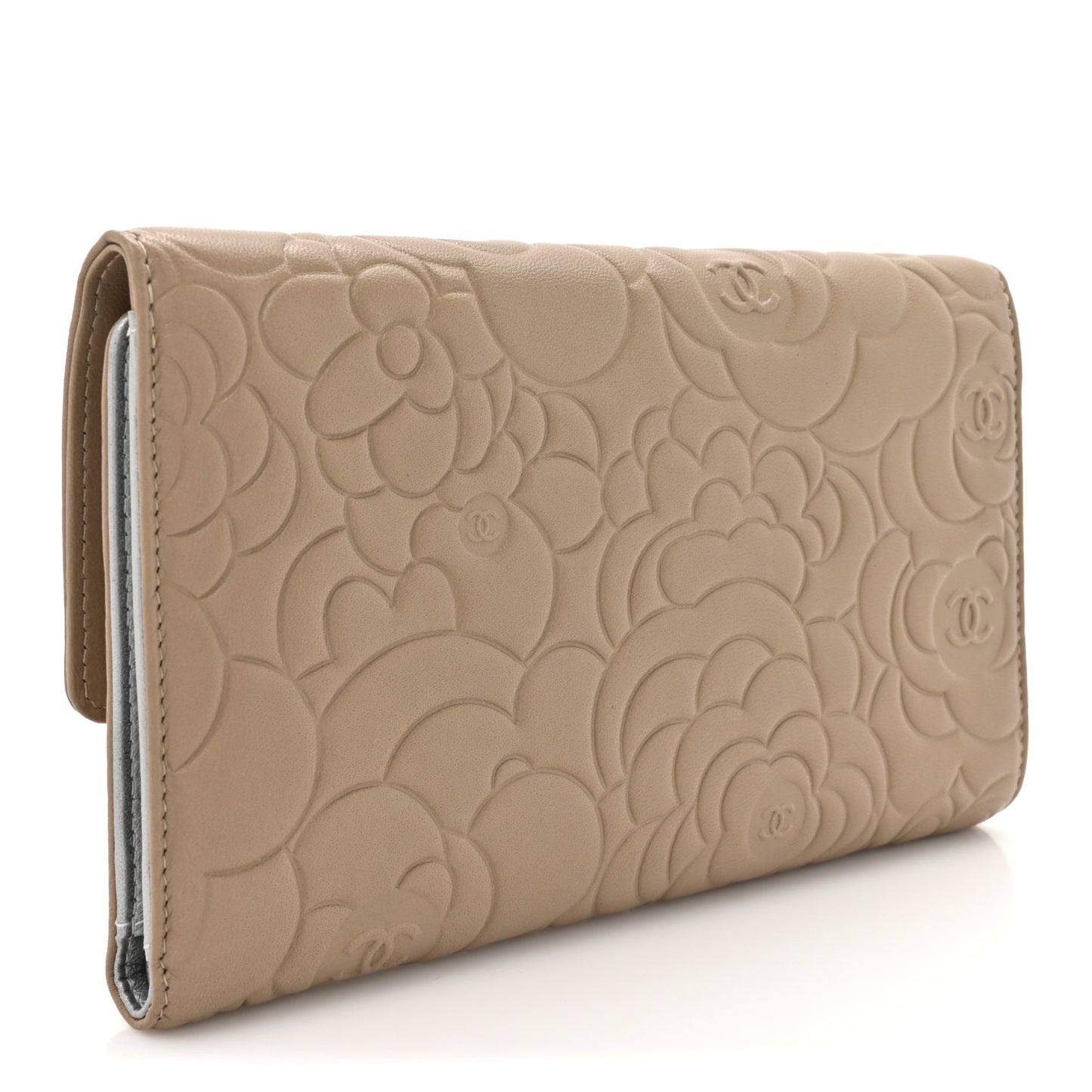 Lambskin Camellia Embossed Large Flap Wallet Gold