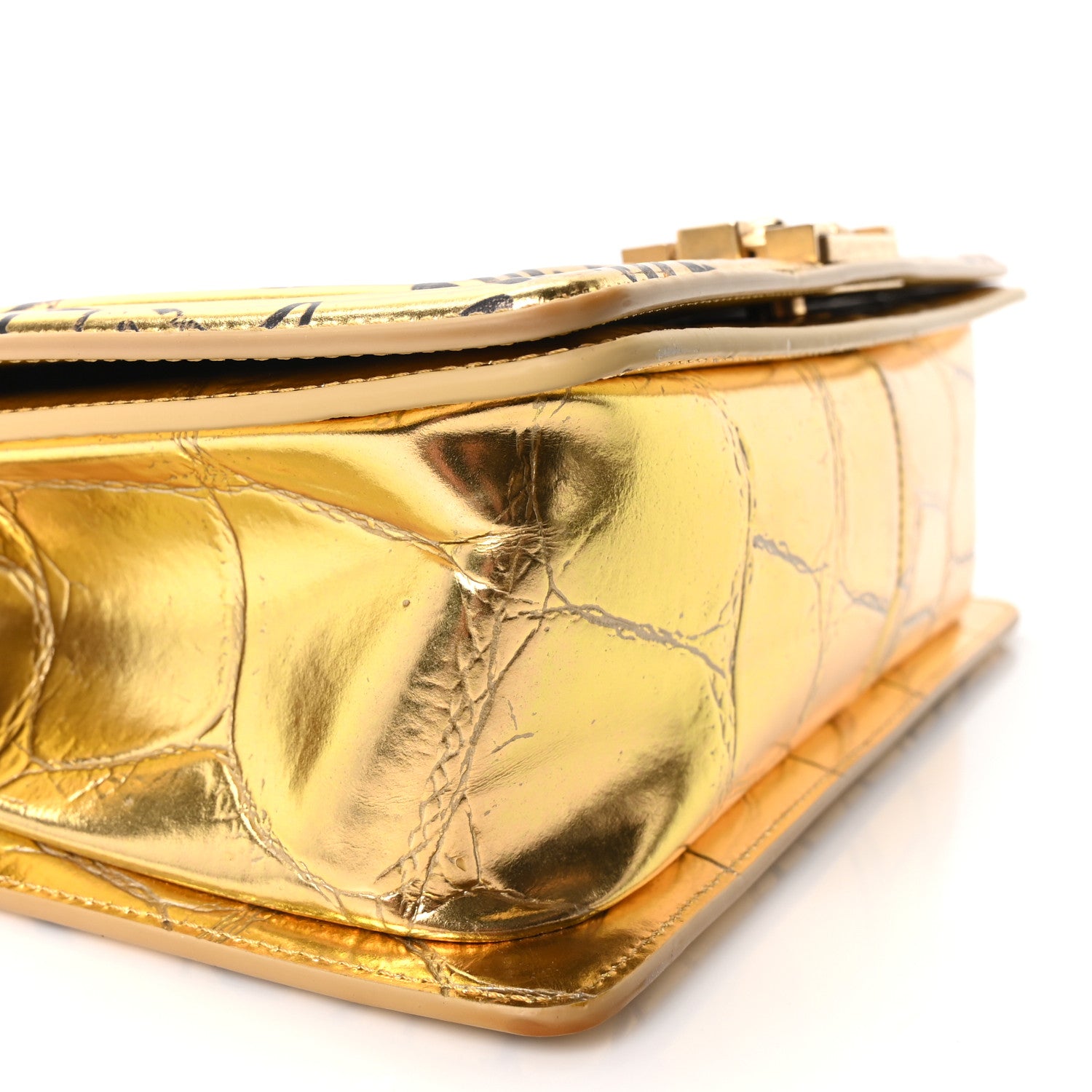 Chanel Metallic Calfskin Crocodile Embossed Graffiti Medium Cocodile Boy Flap Gold 9 of 10