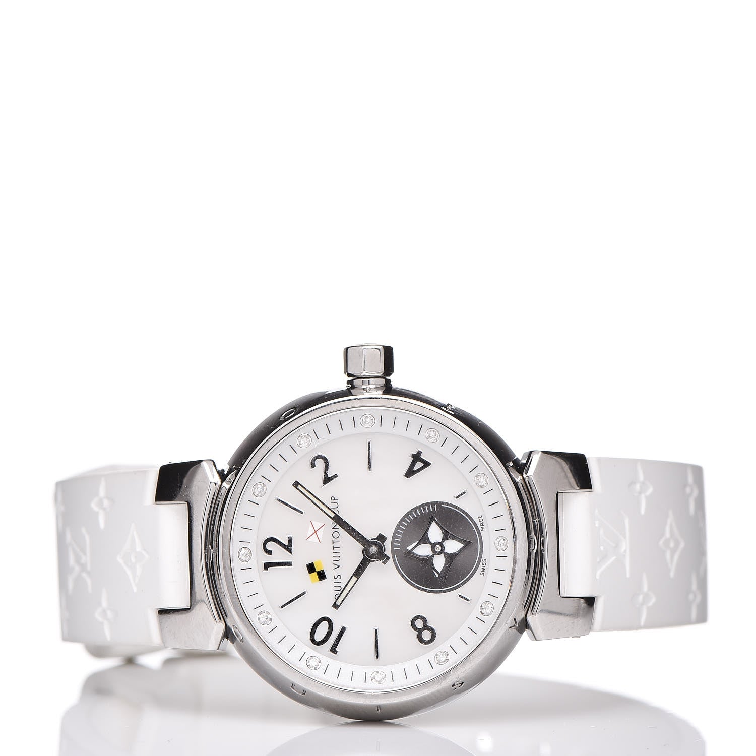 Louis Vuitton Stainless Steel Rubber Diamond Mother of Pearl 28mm Tambour Lovely Cup Quartz Watch 3 of 7
