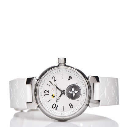Louis Vuitton Stainless Steel Rubber Diamond Mother of Pearl 28mm Tambour Lovely Cup Quartz Watch 3 of 7
