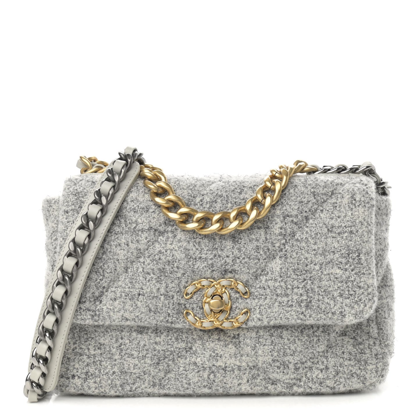 Tweed Quilted Medium Chanel 19 Flap Grey Ecru