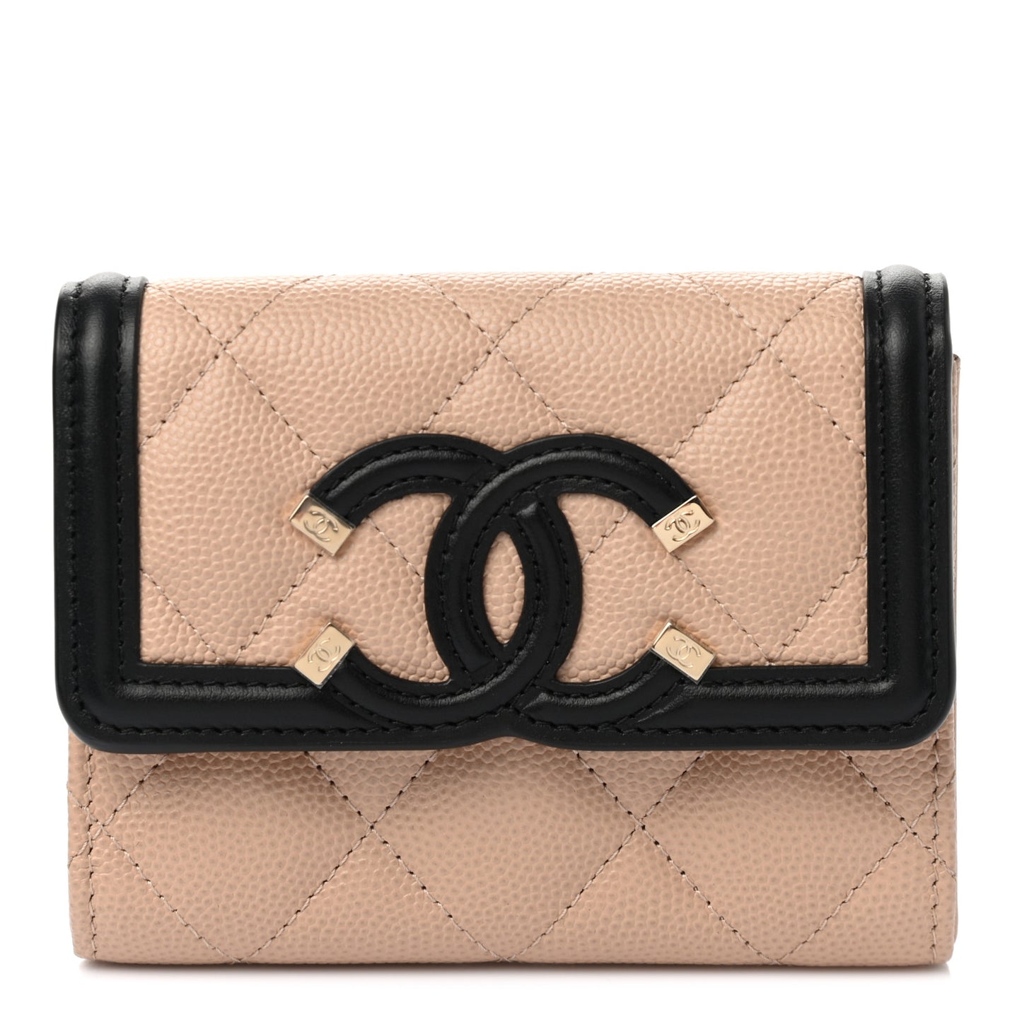 Caviar Quilted Filigree Flap Card Holder Beige Black