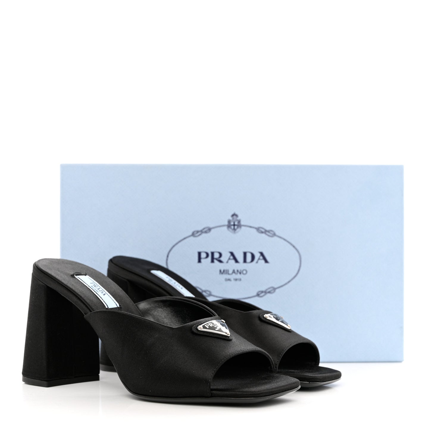 Satin Metal Triangle Logo 85mm Slide Sandals 37 Black