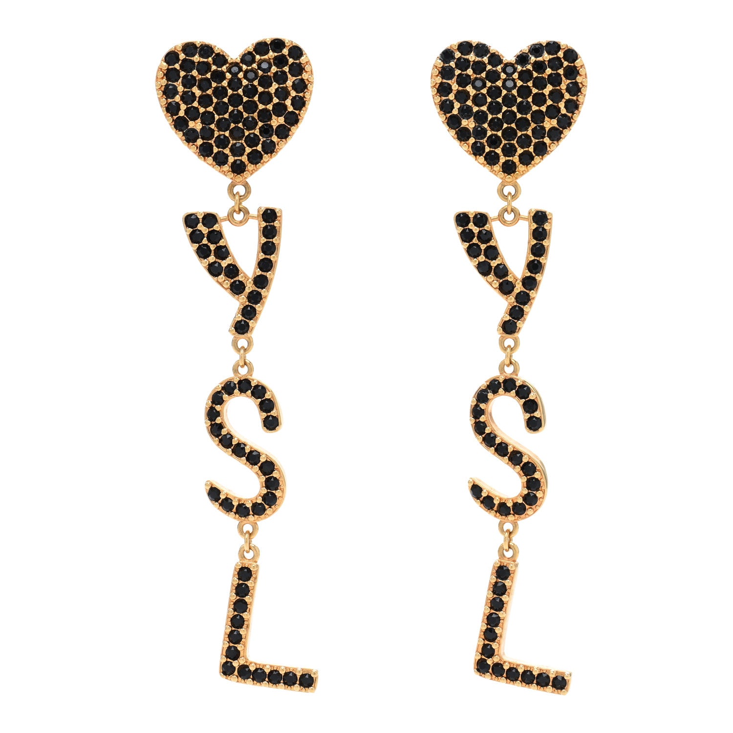 Saint Laurent Brass Crystal Monogram Heart Drop Clip Earrings Gold Black 1 of 4