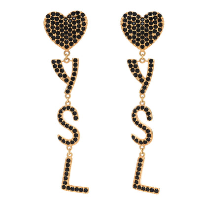 Saint Laurent Brass Crystal Monogram Heart Drop Clip Earrings Gold Black 1 of 4