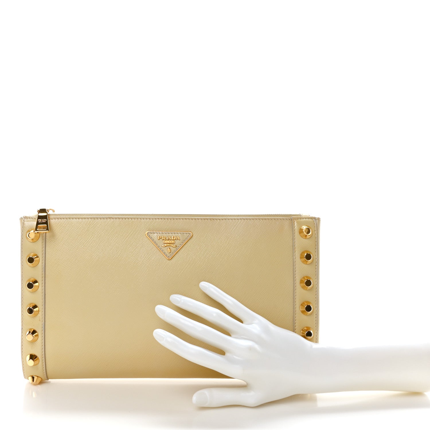 Prada Saffiano Vernice Studded Clutch Talco 2 of 10