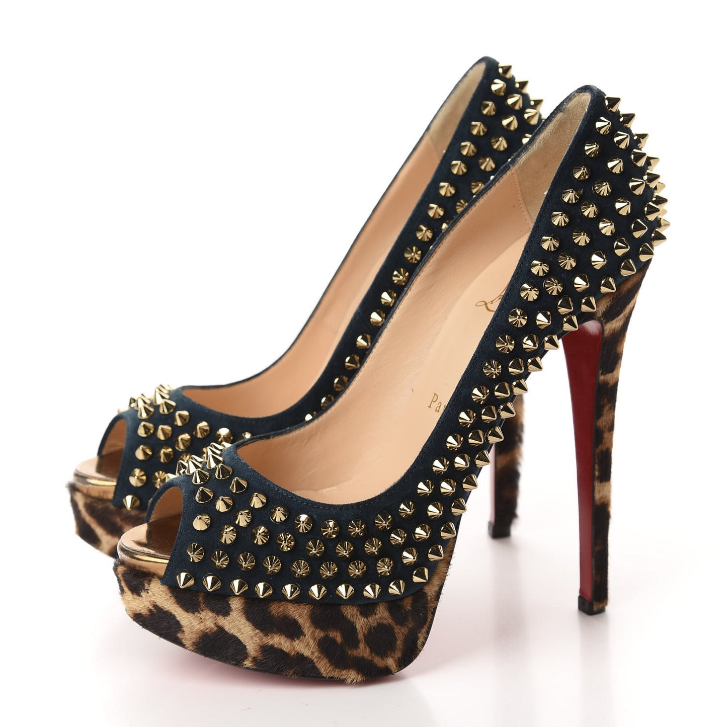Veau Velours Calf Hair Leopard Lady Peep Spikes VIP 150 Pumps 36.5 Blue Khol Bronze