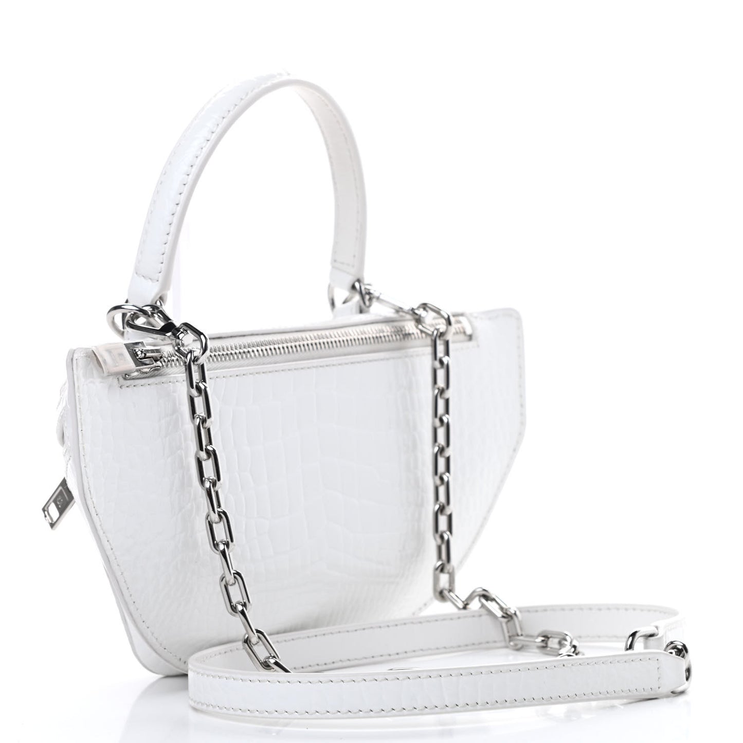 Crocodile Embossed Patent Mini Top Handle Attica Belt Bag White