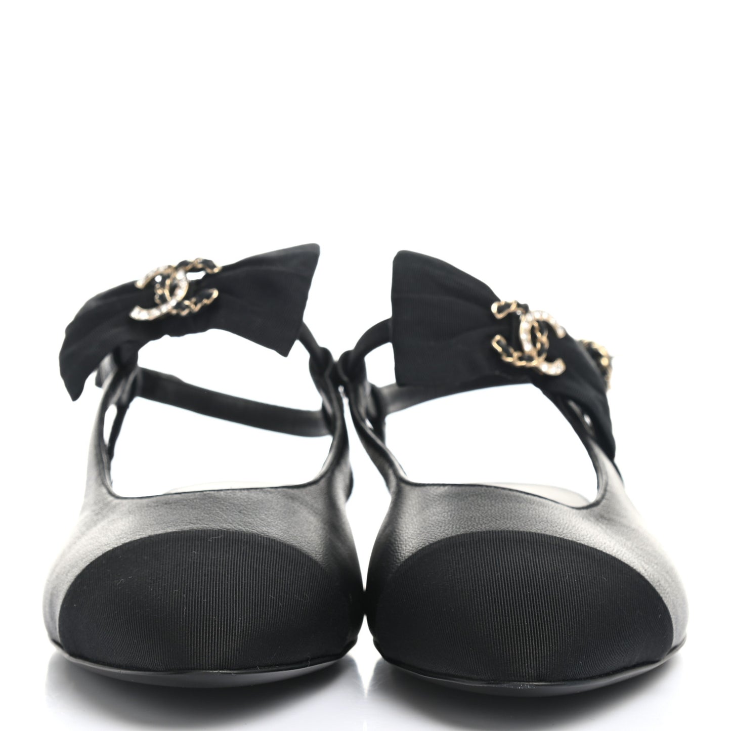 Lambskin Grosgrain Crystal Chain CC Logo Bow Slingback Flats 36 Black