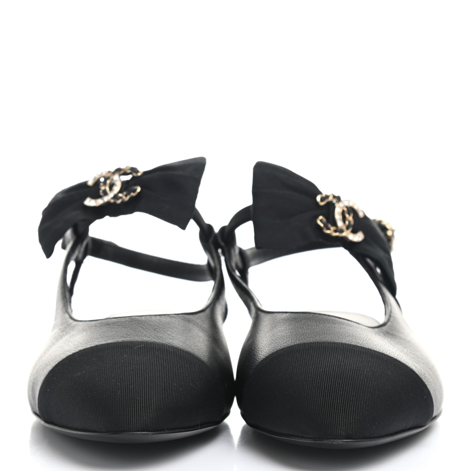 Chanel Lambskin Grosgrain Crystal Chain CC Logo Bow Slingback Flats 36 Black 2 of 8