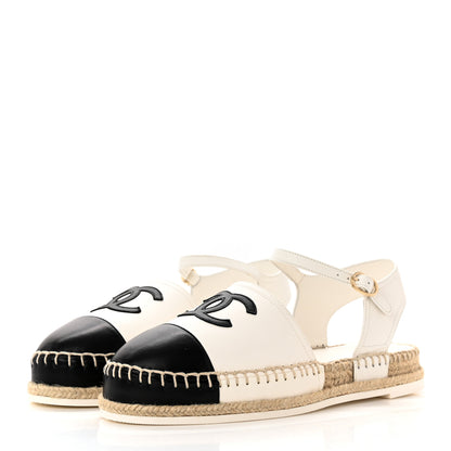 Chanel Lambskin Cap Toe CC Espadrille Sandals 39 White Black 3 of 13