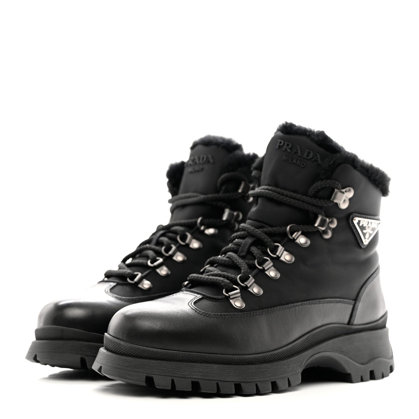 Calfskin Nylon Shearling Metal Triangle Logo Brixxen Boots 37.5 Black