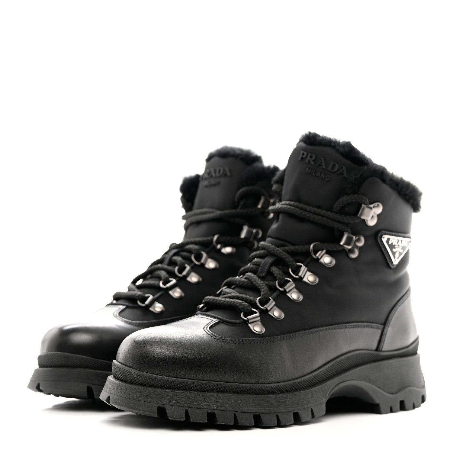 Prada Calfskin Nylon Shearling Metal Triangle Logo Brixxen Boots 37.5 Black 3 of 9