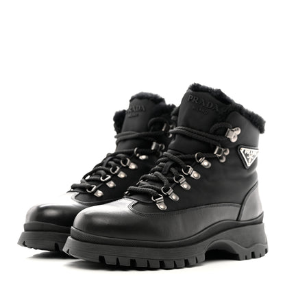Prada Calfskin Nylon Shearling Metal Triangle Logo Brixxen Boots 37.5 Black 3 of 9