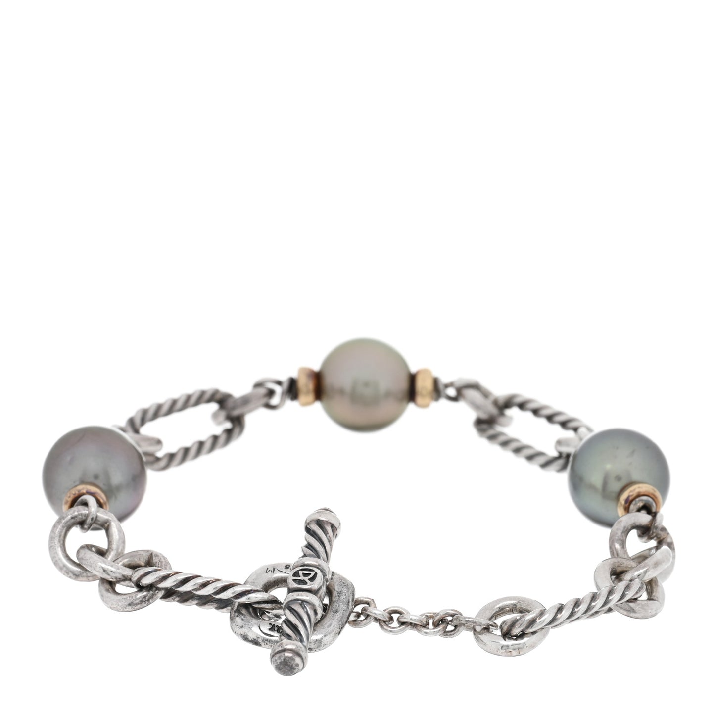 Sterling Silver 18K Yellow Gold Tahitian Pearl Figaro Chain Bracelet