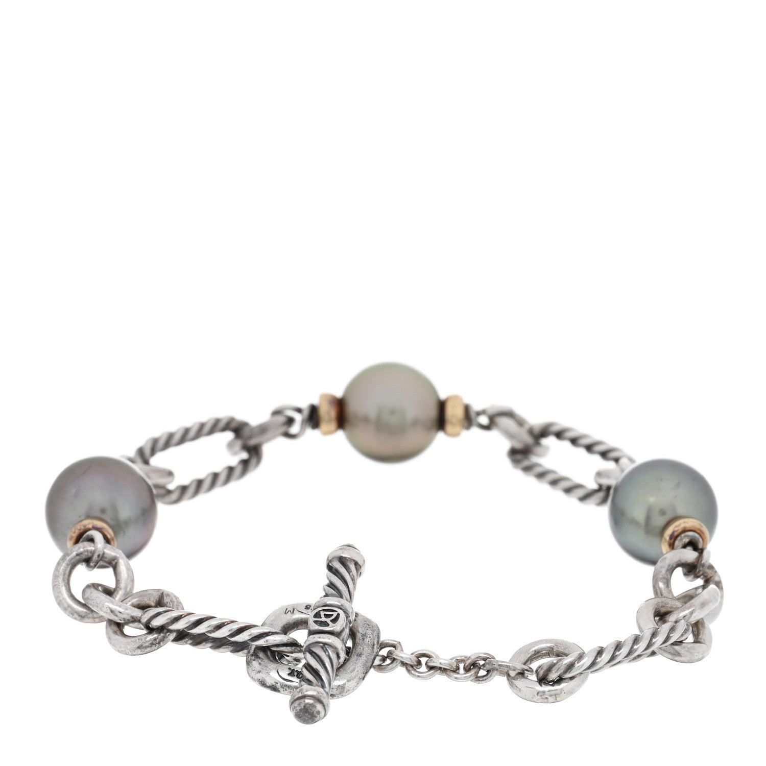 David Yurman Sterling Silver 18K Yellow Gold Tahitian Pearl Figaro Chain Bracelet 2 of 3