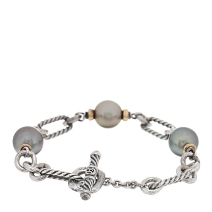 David Yurman Sterling Silver 18K Yellow Gold Tahitian Pearl Figaro Chain Bracelet 2 of 3