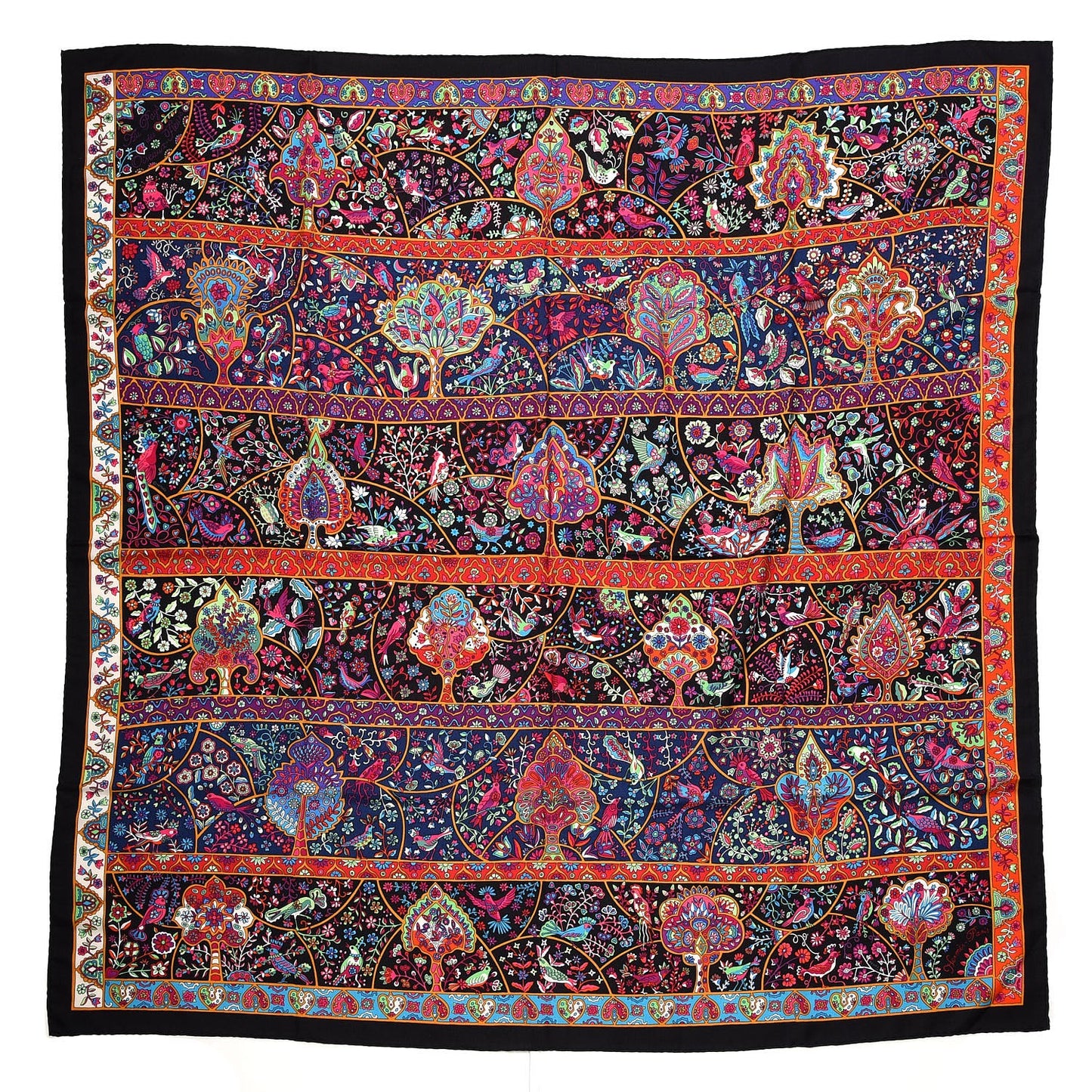 Cashmere Silk Au Pays Des Oiseaux Fleurs Shawl 140 Noir Fuchsia Vert