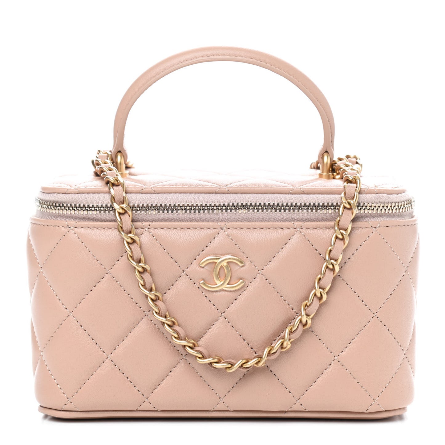 Lambskin Quilted Small Top Handle Vanity Case With Chain Beige