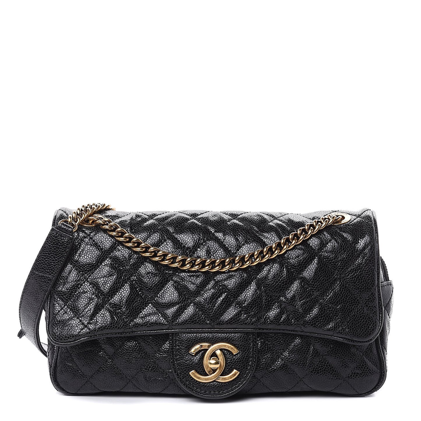 Crumpled Grained Calfskin Quilted Small Shiva Flap Black