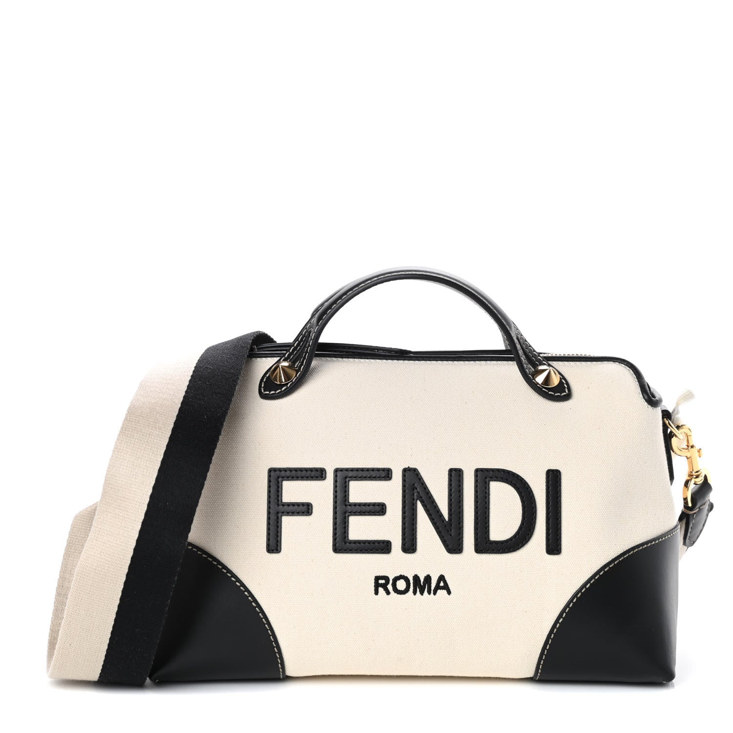 Fendi Canvas Vitello King Logo Embroidered Medium By The Way Boston Bag Grezzo Black 1 of 9