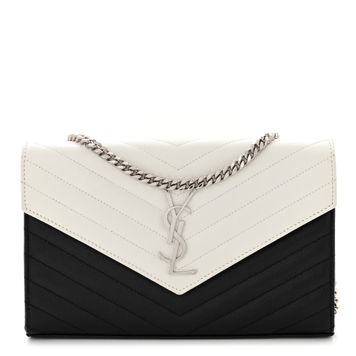 Grain De Poudre Matelasse Chevron Bi-Color Monogram Chain Wallet White Black