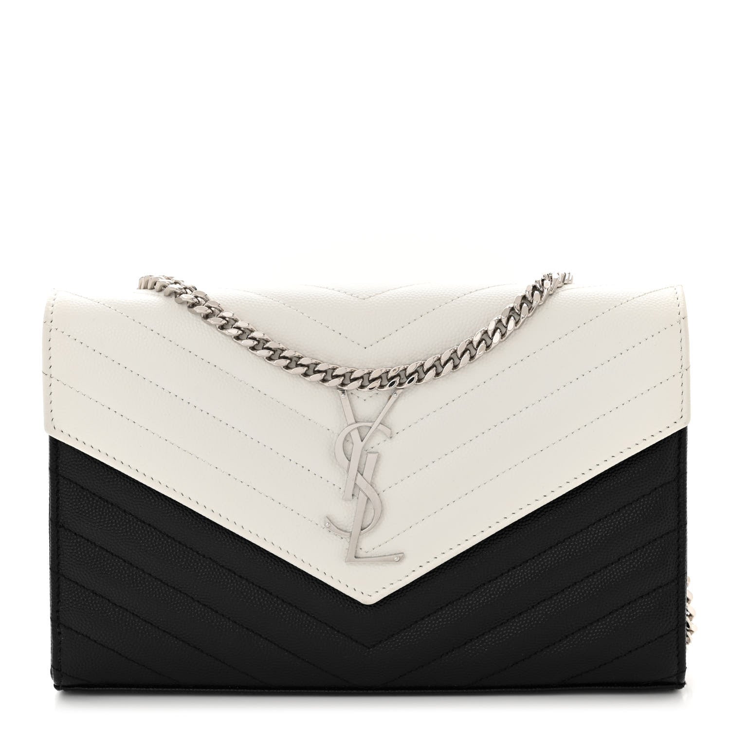 Saint Laurent Grain De Poudre Matelasse Chevron Bi-Color Monogram Chain Wallet White Black 1 of 11