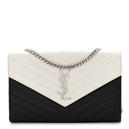 Saint Laurent Grain De Poudre Matelasse Chevron Bi-Color Monogram Chain Wallet White Black 1 of 11