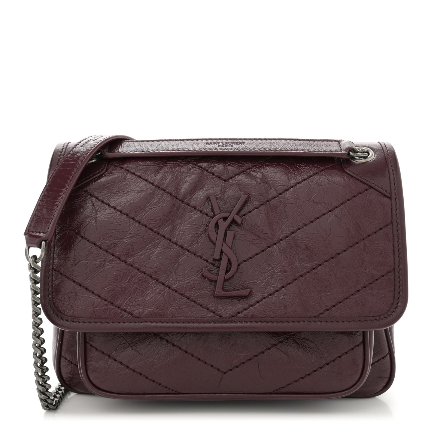 Crinkled Calfskin Matelasse Monogram Baby Niki Chain Satchel Burgundy