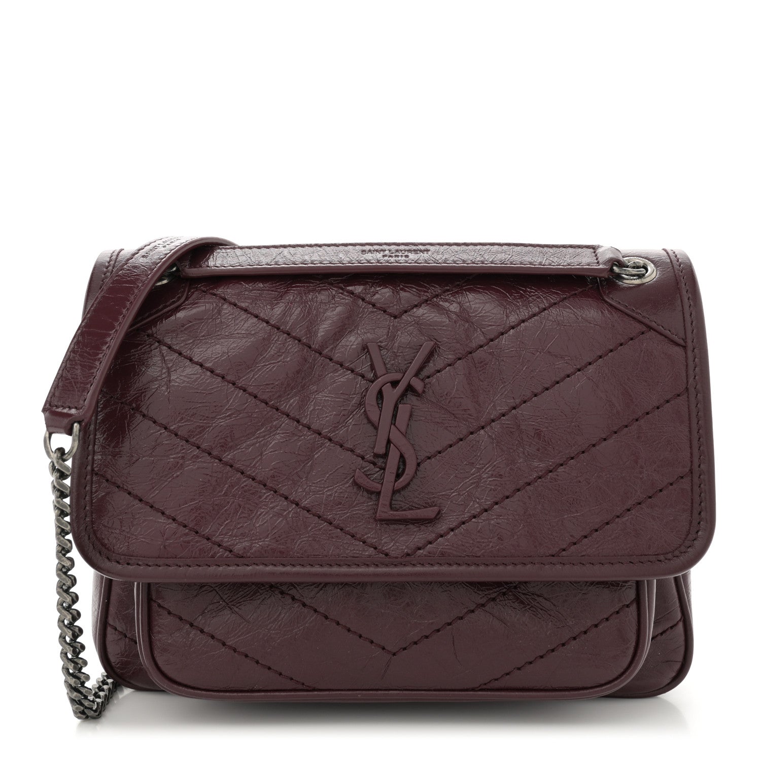Saint Laurent Crinkled Calfskin Matelasse Monogram Baby Niki Chain Satchel Burgundy 1 of 10