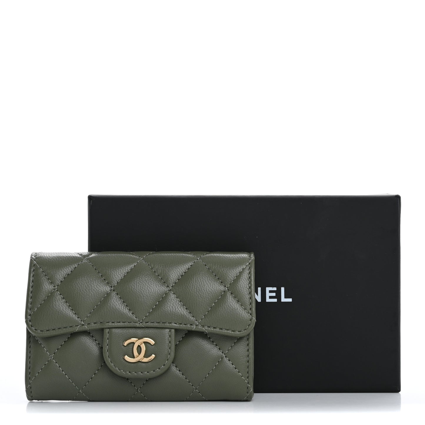 Lambskin Quilted Flap Card Holder Wallet Khaki